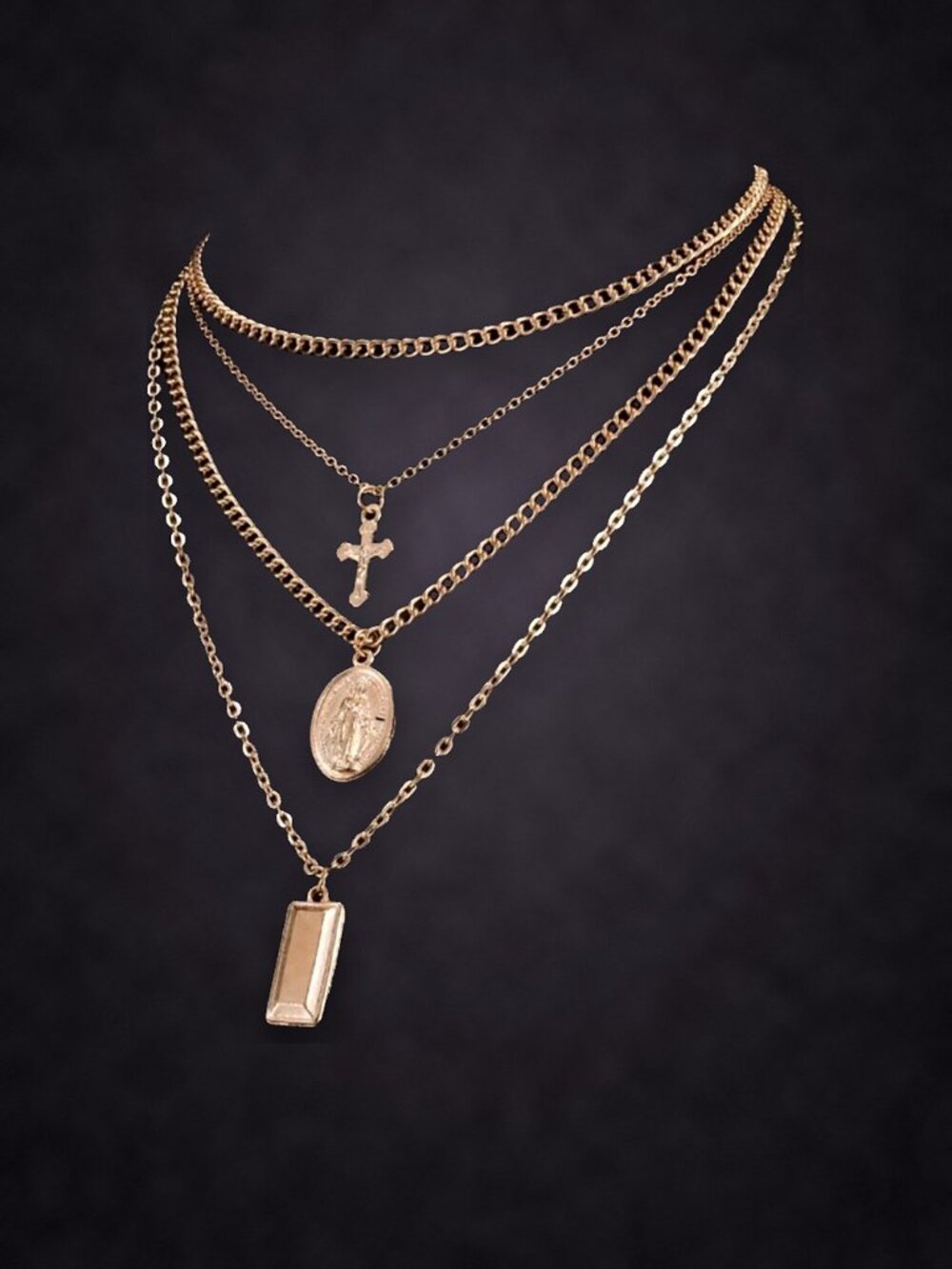 Gold Tone 4 Layer Necklace with Cross, Medallion and Bar Pendants NWT